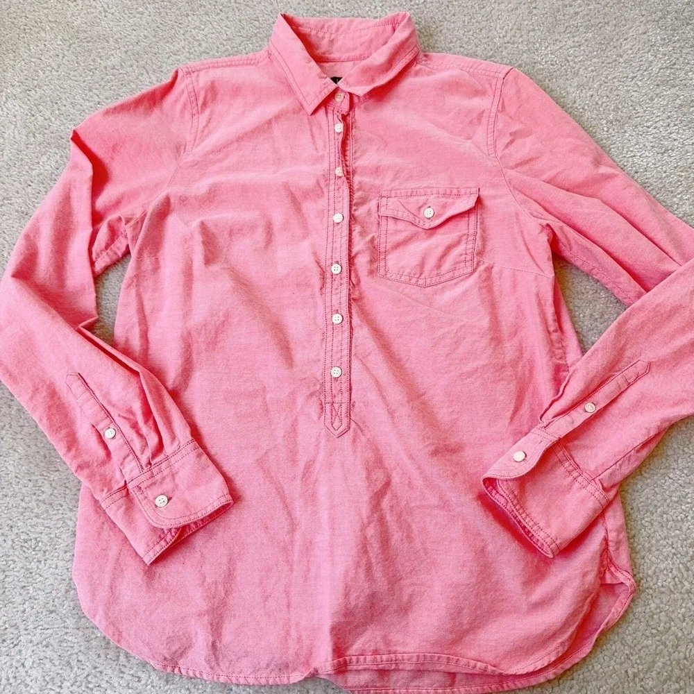 J Crew Button Tunic 100% Cotton Top Shirt Long Sleeve Pink Collared Blouse S